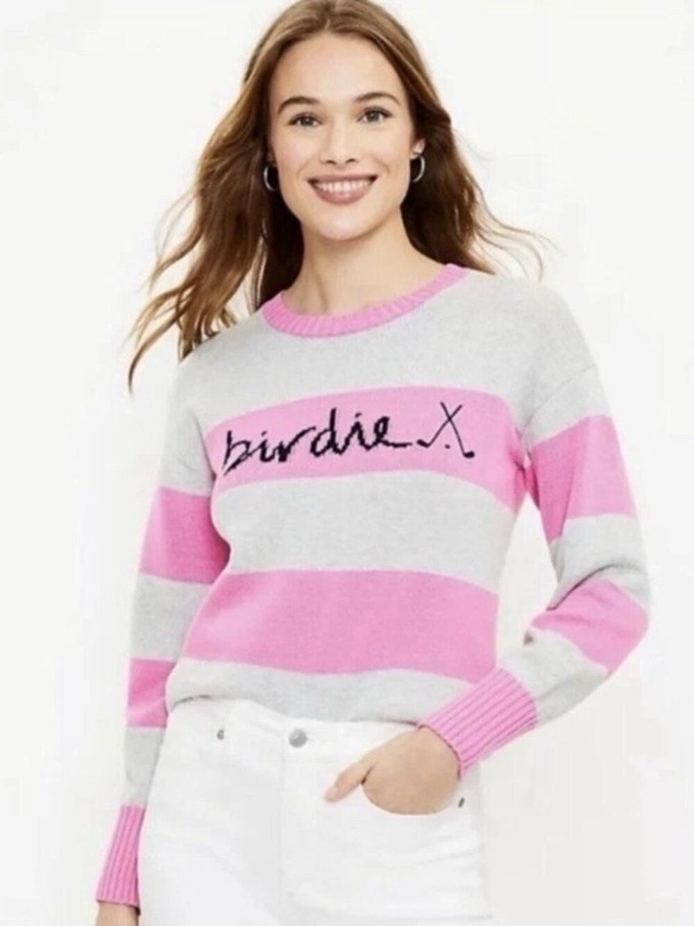 Ann Taylor LOFT Womens Gray Pink Striped Golf Birdie Preppy Crew Neck Sweater XS - Picture 4 of 6